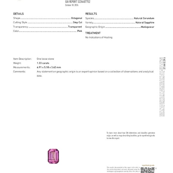 Emerald Natural Mined Loose Sapphire (1.33 Ct Pink Vs2) Gia C53000083 - Picture 5 of 6